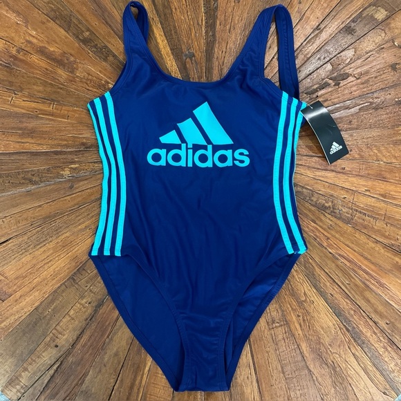 New Adidas one piece BIG LOGO Athletic Solid Logo Stripe Swimsuit Navy Teal Sz S - Picture 1 of 7